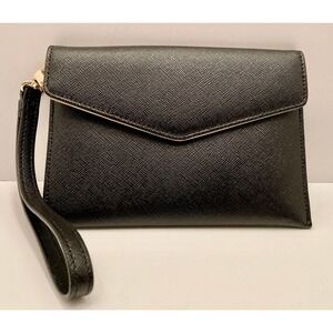 NWOT HALOGEN Black Saffiano Leather Mini Envelope Card Case Wristlet Wallet